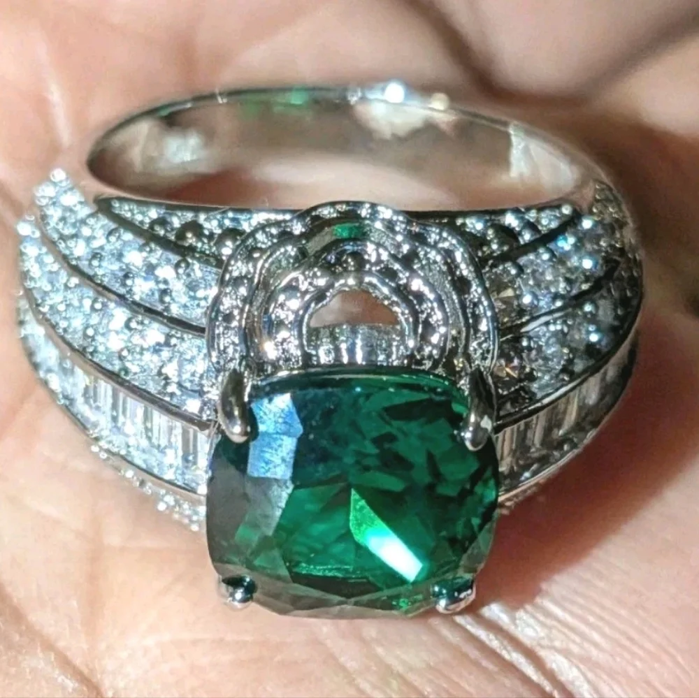 5Ct Cushion Lab Created Emerald Solitaire Engagement Ring 14K White Gold Plated